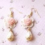 Bogo -lace Earrings With A Pink Rose - Bridal..