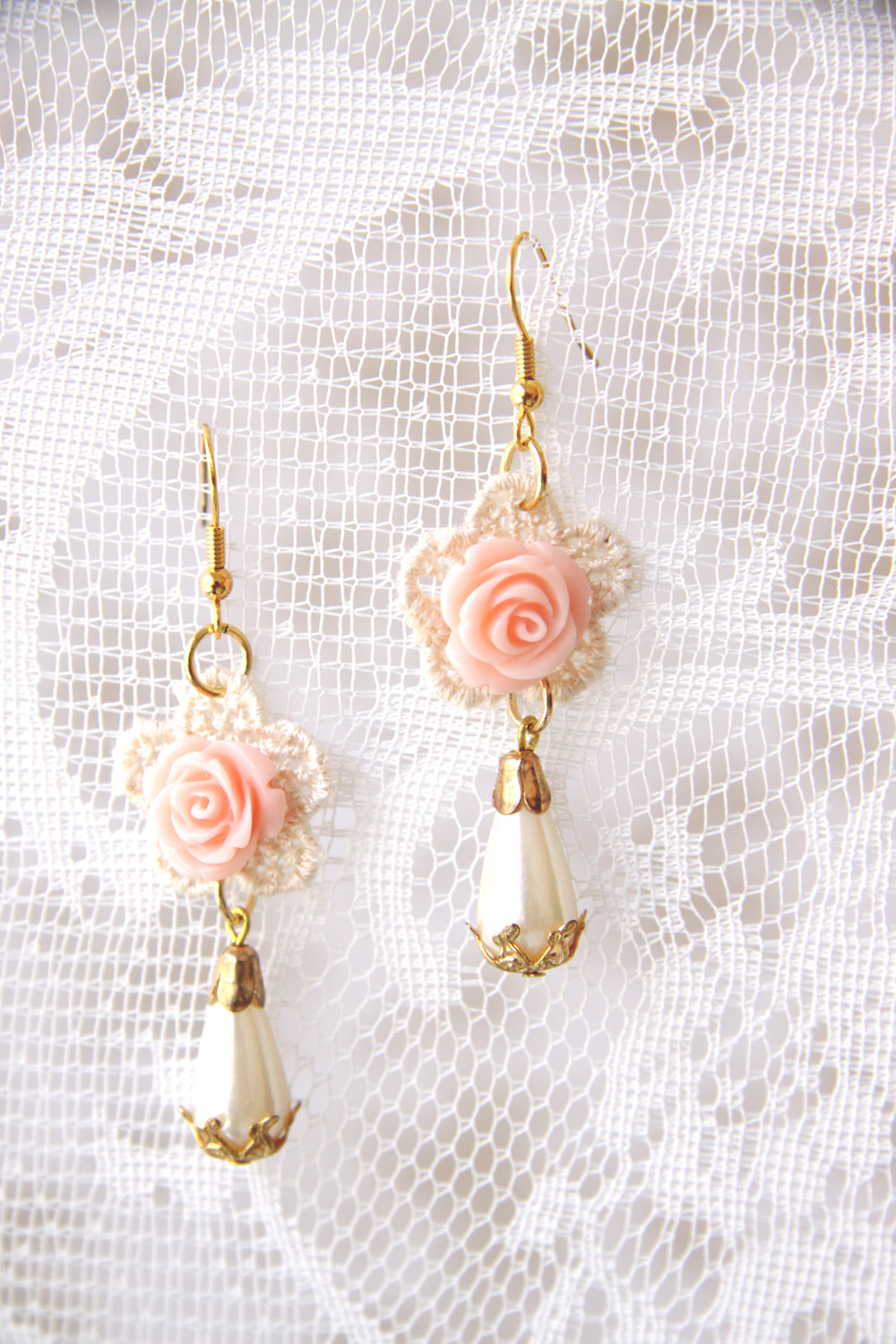 Bogo -lace Earrings With A Pink Rose - Bridal Earrings