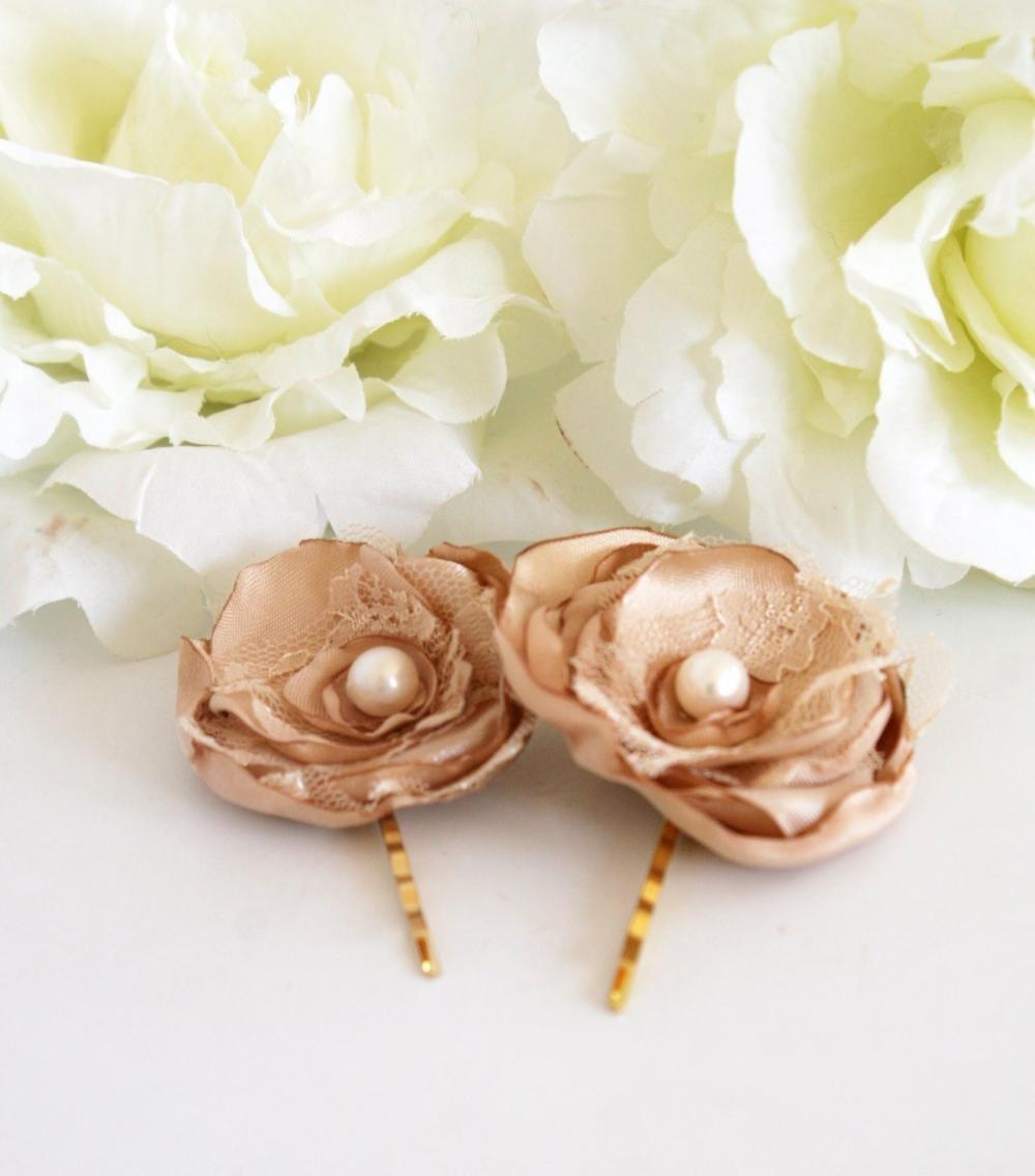 Bogo -wedding Hair Accessories - Set Of 2 Bronze Silky Satin Hair Flowers