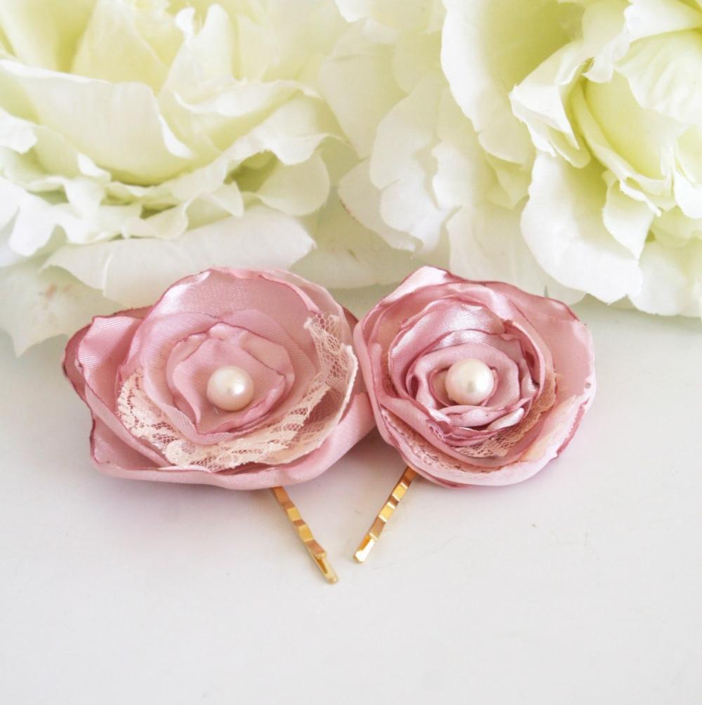 Bogo -pink Flowers - Pair Of Hair Clips -set Of 2 Pink Hair Flowers -pink Rose Bloom